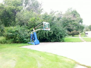 Neglected basketball hoop in the Stonewall neighborhood