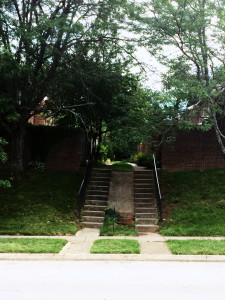 Stairs up to a common area shared by several townhomes