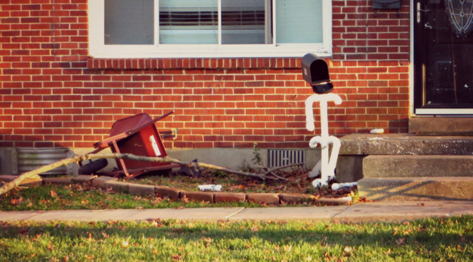A anthropomorphic mailbox constructed out of PVC pipe graces a front yard in the Garden Springs area